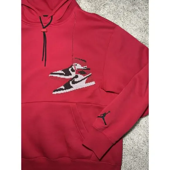 Air Jordan Black Toe 1s Holiday Red Hoodie Sweatshirt Mens Medium CT3457-687 - Picture 3 of 7